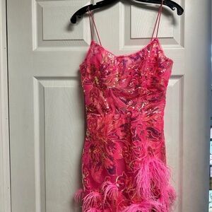 Vibrant Pink Floral Mini Dress with Feather Accents